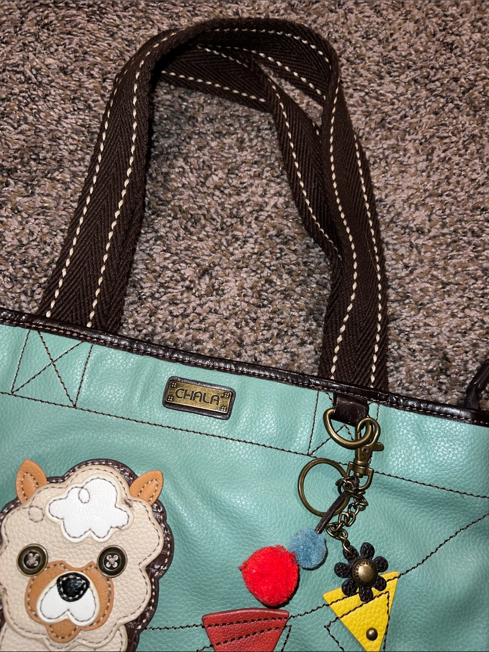 Chala- Turquoise Tote with Polka Dot Lining - Picture 2 of 11